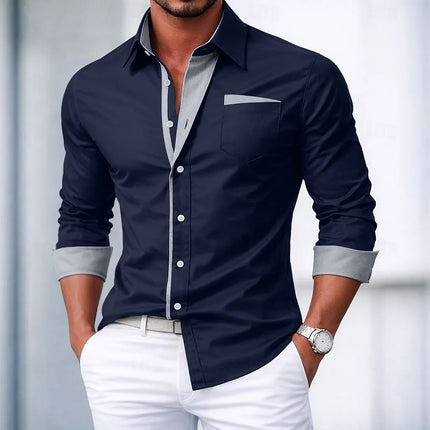 Men's shirt button-down shirt color block casual daily wear navy blue royal blue long sleeve cuffed spring and autumn clothing c