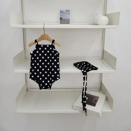 2024 New Baby Kid's One-piece Swimwear With Hat Toddler Girl's Dot Floral Suspenders Swimming Suit Summer Beach Wear