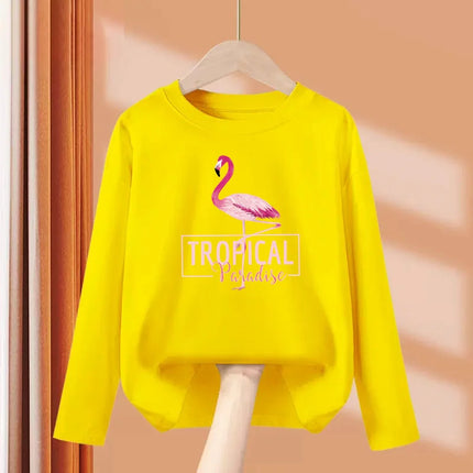 2024 New Flamingo Long-Sleeved T-shirt for Little Girls in Autumn, Round Neck Cotton Tops, Children's Fashion Tees, Ages 3-14