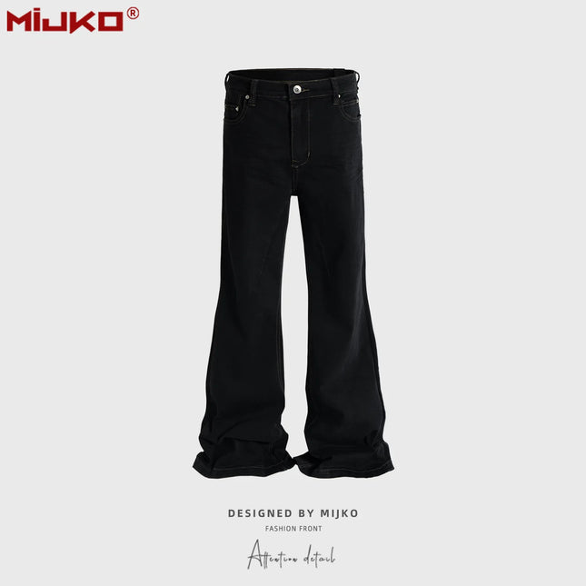 MIJKO Ribbons Slightly Stretch Baggy Flared Jeans for Men High Street Black Color Boom Cut Oversized Casual Denim Trousers