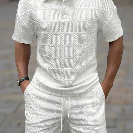 2026Summer Male Casual Two Pieces Suits Vintage Polo Neck Short Sleeve Tops And Shorts Men's Sets Fashion Plaid Textured Outfits