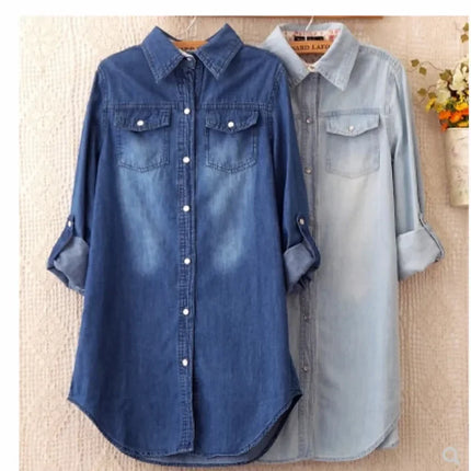 Slim Fit Mid-Length Long Sleeve Denim Shirt Women's Cotton Base Layer Shirt Autumn Winter Polo Collar Pocket Design Jeans Jacket
