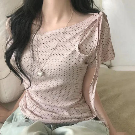Sweet Polka Dot Prints T-Shirts Fashion Women Cute Design One-Shoulder Summer Tops Casual Korean Office Lady Commute Slim Tees