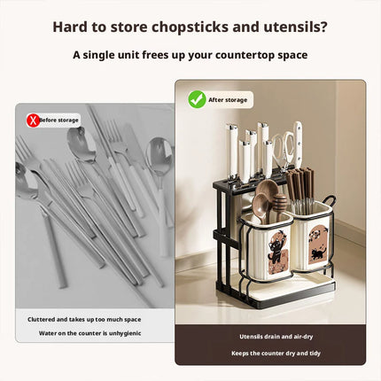 Kitchen Utensil & Knife Holder with Drain Tray Wall Mount Chopstick Cutlery Storage Rack for Countertop