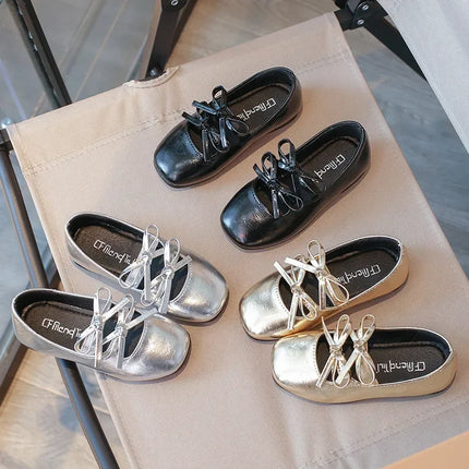 Kids Dance Performance Shoes Square Black Solid Color Girls Princess Shoe with Double Bow 2024 New Girls Leather Shoes Soft Sole