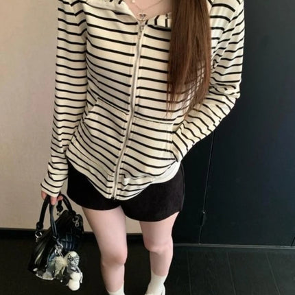 2000S American Vintage Striped Long Sleeve Hooded Sweatshirt Y2k Subculture Casual Zip Up Hooded Cardigan Harajuku Coats Chic