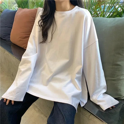Harajuku Long T-Shirt Spring Autumn Solid Simple Oversized T-shirt for Women Goth T-shirts Split White Black Long Sleeve Tops