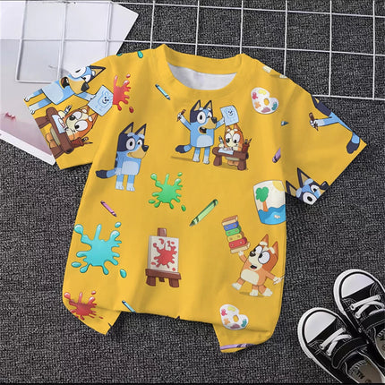 Unisex Bluey Toddler 3D T-Shirt Summer Cool Breathable Short Sleeve Cartoon Print Lightweight Casual Tee for Boys and Girls