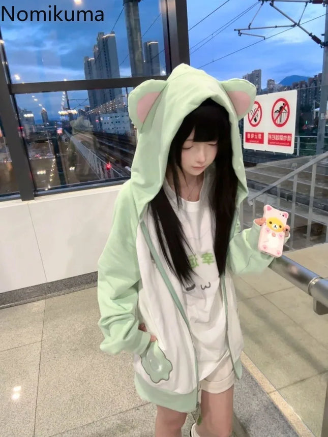 Japanese Hoodies Coats 2025 Ropa Mujer Cute Sweatshirts Preppy Style Contrast Color Casual Hooded Y2k Tops Chic Oversized Hoodie