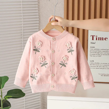 Girls Sweater 2025 New Flowers Cardigan Baby's Fashionable Spring Autumn Knitwear Warm Embroidery Children Knitted Coats IY06091