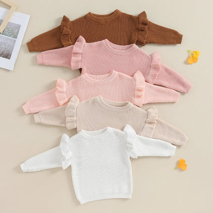 Pudcoco Infant Newborn Baby Girl Sweaters Cute Ruffle Long Sleeve Solid Color Knit Pullover Toddler Loose Tops 0-3T
