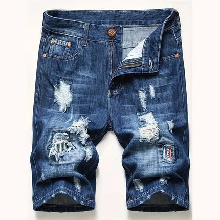 Men's denim shorts with summer frayed elastic men's casual pants slim-fit European-style shorts tight and worn-out men's pants
