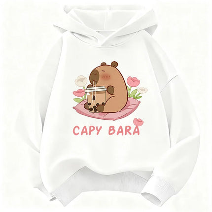 Kawaii Capybara Drinking Juice Hoodie Kids Flower Children's Sweatshirt Hoody for Boys Girls Casual Hoodies Clothes