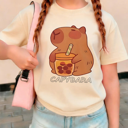 Girls' Trendy Capybara Letter Print Design T Shirts Kids Children's T-shirt Boys Girls Summer Spring Casual Top Tee