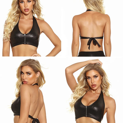 Leather Sexy Women's Crop Top, Black Wet Look Corset, Ladies Fashion Festival Clothing, Sleeveless Slim Zipper Clubwear
