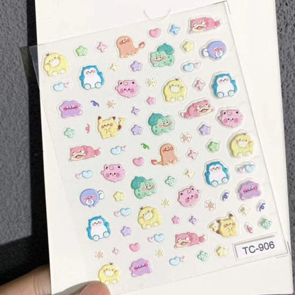 Pikachu Pokemon PK Nail Decals Relief Embossed Stickers Cute Cartoon Manicure Decor for Press On Nails Salon Use Gifts