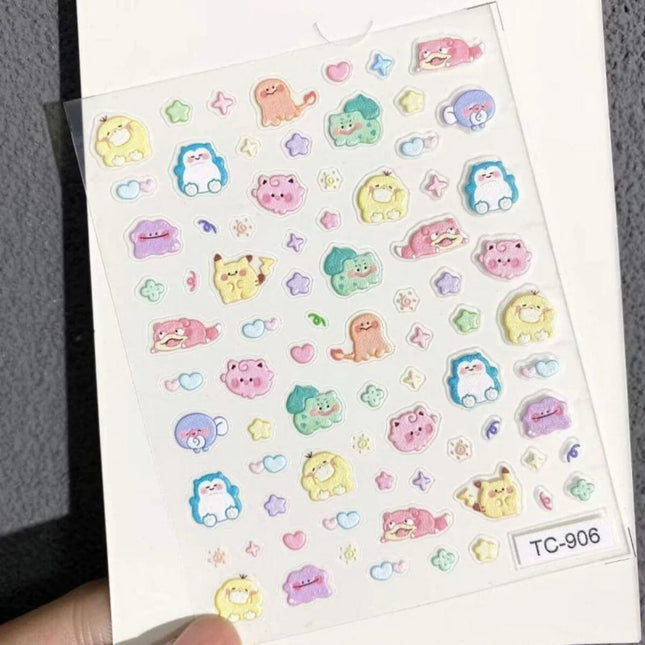 Pikachu Pokemon PK Nail Decals Relief Embossed Stickers Cute Cartoon Manicure Decor for Press On Nails Salon Use Gifts