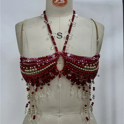 Women's Beading Vest Hollow Out Tops Body Beachwear Lingerie Harness Beaded Bralette Neck Bra Bustier Bra Women Club Rave