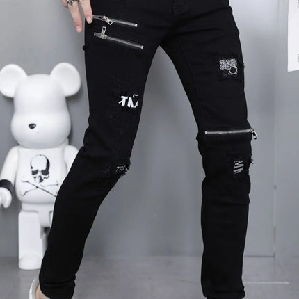 2024 Spring and Autumn Fashion Trend Black Straight Leg Ripped Jeans Men's Casual Comfort Breathable High-Quality Denim Pants