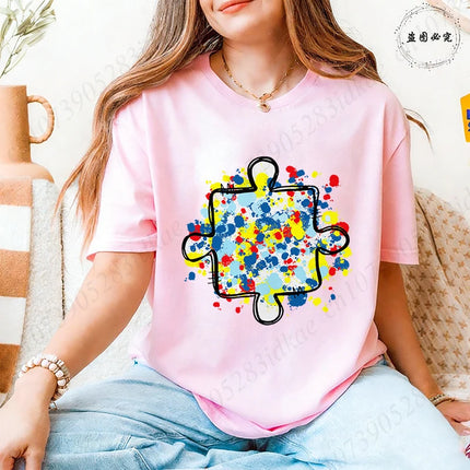 2026 Trendy Women's Autism Awareness T-shirts Creative Colorful Splatter Puzzle Graphic Female Clothing Short Sleeve Casual Tees