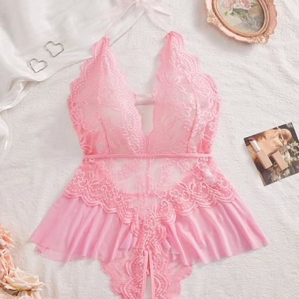 One Piece Crotchless Backless Underwear Transparent Lace Hollow Out Bodysuit Sexy Lingerie For Women Nightgown Erotic Clothing