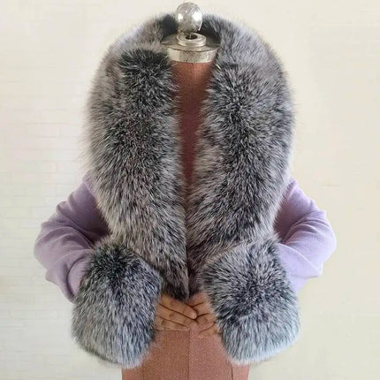 Winter Natural Fox Fur Scarf And Cuff Set Women Jacket Fur Collar Authentic Neck Warm Scarves Luxury Fluffy Fox Fur Shawl