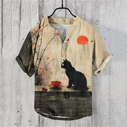 European Size Fashion Plus Comfortable Short Sleeved Men's New V-Neck Travel Printed Linen Breathable Men's Shirt