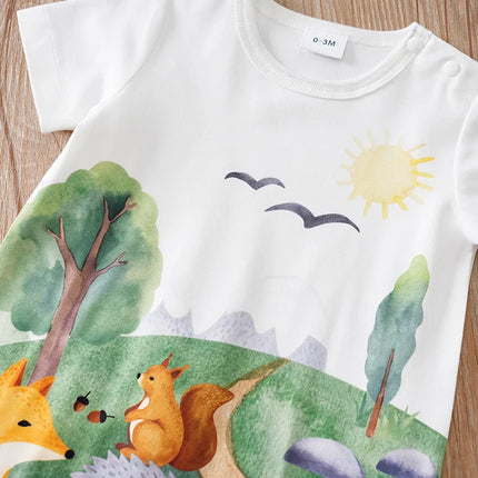 Baby Clothes Cute Cartoon Forest Animal Print Comfortable And Soft 0-18 Boys And Girls Summer Short Sleeved Baby Jumpsuit