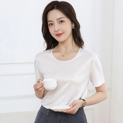 Summer High-End Women's Short Sleeve T-Shirt Acetate Fabric Knitted European Style Thin Hot Selling Top for Ladies