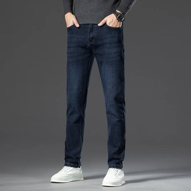 2025 Autumn Winter New High Elasticity Men's Business Jeans Haze Blue Black Gray Denim Trousers Men's Pants Work Clothes Brand