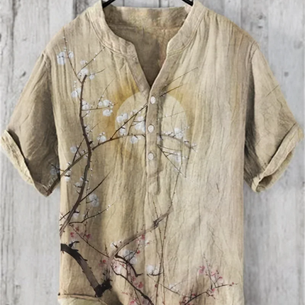 Fashion men's V-neck shirt T-shirt Hawaiian men's printed linen short-sleeved button-down shirt seaside holiday casual shirt