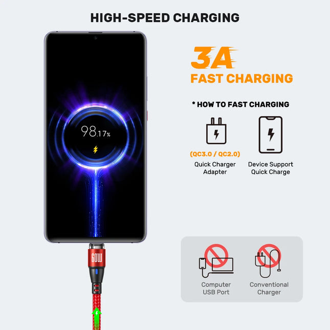 AUFU 60W Magnetic Cable Fast Charging For Mobile Phone Magnet Charger Wire Cord Micro Type C Cable For iPhone 15 Samsung Macbook