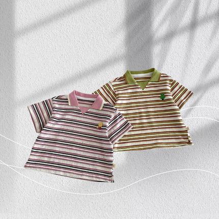 2026 Summer 6M-5Y Childrens Clothes Stripe Contracting Color Korean Style Girls Shirt Cartoon Embroidery Polo Shirt for Girls