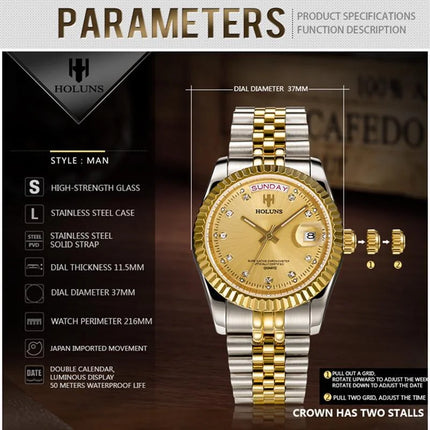 Holuns Luxury Classic 36/41mm Gold Men's Watches Japan MIYOTA Quartz Movt Stainless Steel Classic Business Wristwatch Waterproof