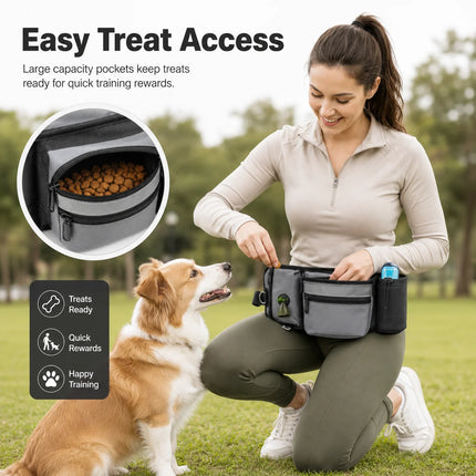 Dog Treat Pouch Waist Bag for Training Walking, Portable Snack Bag with D Ring, Poop Bag Dispenser Bottle Holder