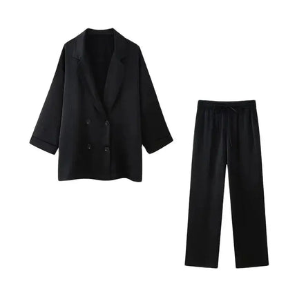 Women's Double-Breasted Loose Blazer Coat and High Elastic Waist Wide Leg Pants, Female Two Piece Sets, Fashion