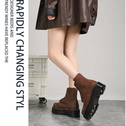 Women Boots Genuine Leather Platform Boots Motorcycle Shoes Front Zipper Optical Soles Fashion Sexy Punk Luxury Men Winter Boots