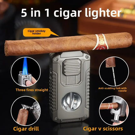 Portable Multi-function Jet Lighter with V-shaped Cigar Cutter Cigar Cigarette Holder Men's Cigarette Lighter, Gentleman's Taste