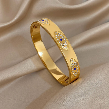 New Turkish Evil Eyes Rhinestones Stainless Steel Cuff Bracelet Bangle For Women Fashion Gold-plated Waterproof Charms Jewelry