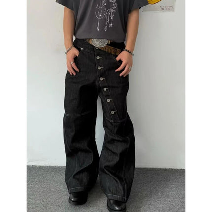 American Retro Long Row Button Design Men's Jeans High Street Loose Wide Leg Floor-Length Trousers Trendy Casual Jeans