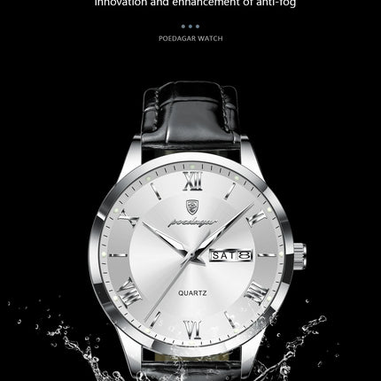 POEDAGAR Classic Luxury Men's Wristwatch Date Week Leather Business Man Watch Waterproof Luminous Fashion Quartz Watches For Men