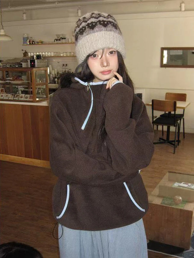 Vintage Streetwear Hoodies Women Long Sleeve Zipper Pocket Y2K Hottie Sweatshirts Korean Autumn Winter Casual Warm Pullovers New