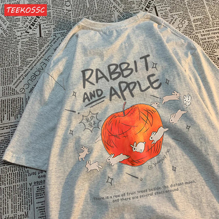 Rabbits Running Around Apples Print Men's Tees Cartoon Breathable T-Shirts Popular Comfort T-Shirt Retro Round Neck Short Sleeved