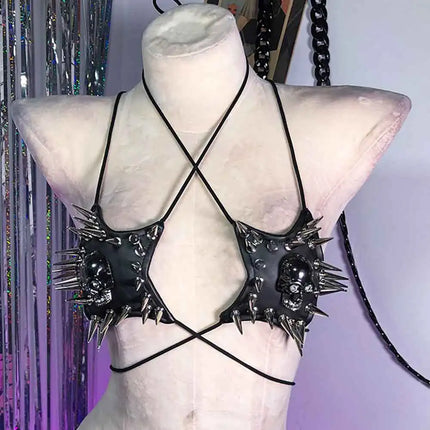 Gothic Emo Punk Women's Spiked Grunge PU Leather Tank Top Y2K Alternative 90s Vkei Studded Cyber Goth T-shirt 2000s ALT Clothing