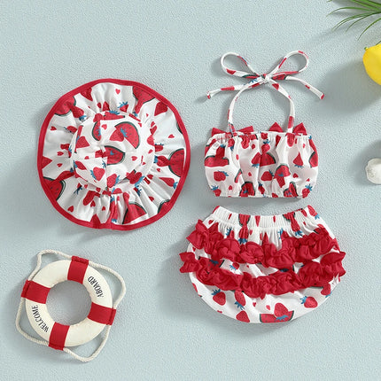 Citgeett Summer Infant Baby Girl Swimsuits Fruit Print Bandage Halterneck Sleeveless Tops Beach Shorts and Hat Swimwear