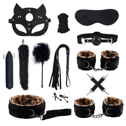 Adult Erotic Nylon Bondage BDSM Kit with Handcuffs Sex Whip Mouth Gag Soft Fox Tail Anal Plug for Women Sexy Games