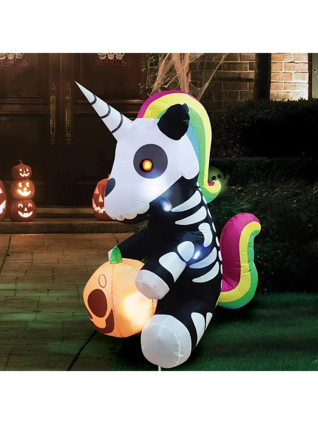 5 FT Tall Skeleton Unicorn Halloween Inflatables Skeleton Decor Outdoor Blow Up Decorations Sitting Skeleton Unicorn with LEDs for Halloween Decorations Outside Yard Decor