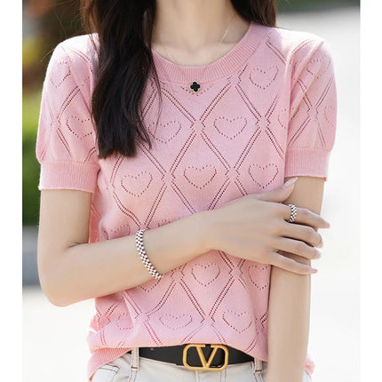 New Summer Fashion 100% Pure Cotton Women's Sweater Short sleeved Casual O-neck Pullover T-shirt Loose Knitted Hollow Top