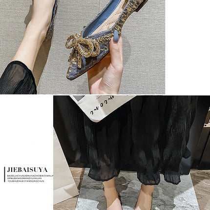 Women Flat Elegant Fashion Women Flat Fashion Ballet Shoes Ladies Bling Crystal Bow Tie Pointed Toe Flats Shoes Zapatos De Mujer