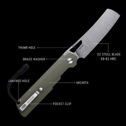 Shooziz Folding Camping Knife,Pocke knife for Man，D2 Satin/Stomewash Blade,Brass Washer for Outdoor EDC Tool,G10/Micarta Handle